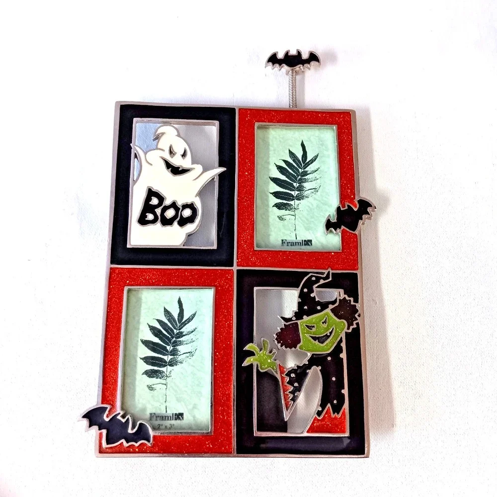 Halloween Photo Picture Frame Shimmer Ghost Witch Bats Orange Black Holds 2 Pics